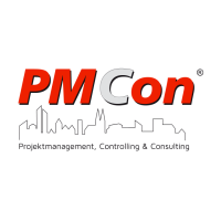 Logo PM Con, Silhuette Stadt und rote Schrift